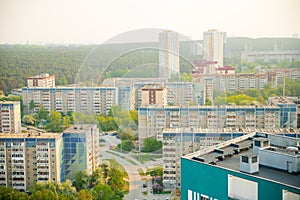 smog smoke over city. panel buildings, tower, street, road, mountains, residential complex in cloud of smoke. ecological problem