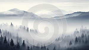 Smog on the top of green forest with mighty mountains in background