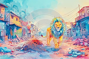 A smoggy cityscape, a lion strides past a pile of discarded copper wires