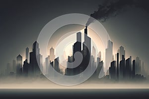 smoggy skyline of large city, with layer of haze obscuring the view The image highlights the impact of air pollution on