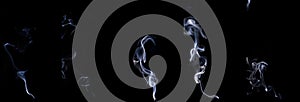 Smoke abstract set. Blur white smoke, abstract fog or steam mist cloud group isolated on black background. For overlay