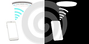 Smoke alarm detector with wifi connect smartphone and alpha matte. 3D rendering photo