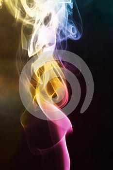 A smoke art with yellowish and blue, white, pure golden , purple and with  black in the background.