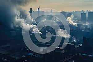 Smoke billowing from factory chimneys in a dystopian industrial landscape, with polluted water