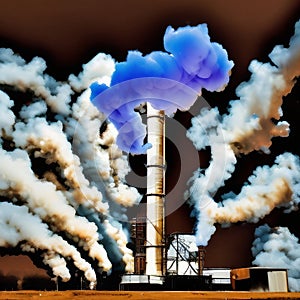 Smoke Billows From Factory Chimney Emitting Blue Smoke. Generative AI.