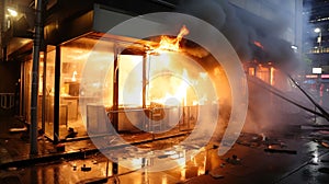 Smoke billows from a Shinagawa, Tokyo restaurant, signaling potential danger as firefighters work