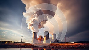 Smoke billows from the stacks of cooling towers