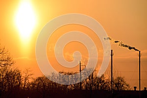 Smoke from the boiler pipes at sunset. Winter landscape