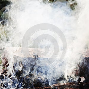 Smoke from a bonfire, burning logs, shallow depth of field