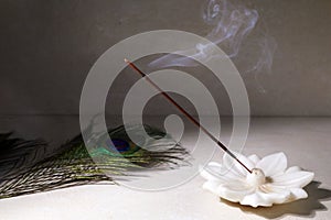 Smoke from burning incense sticks standing on lotus incense holder