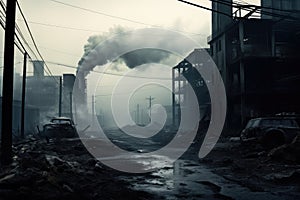 Smoke from the chimney of an industrial building in the fog, Abandoned industrial area shrouded in smoke and smog, Disaster