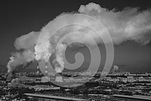 Smoke from chimney of power plant or station. Industrial landscape.