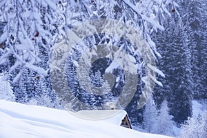 smoke from the chimney of small wooden house in a snowy winter mountain forest