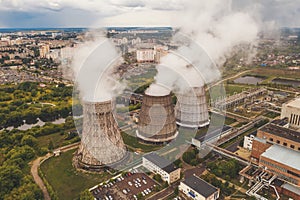 Smoke from chimneys of thermal power plant or station, aerial view from drone