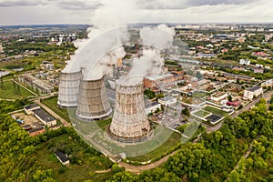 Smoke from chimneys of thermal power plant or station, aerial view from drone