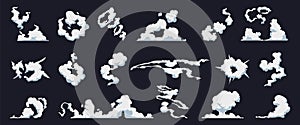 Smoke cloud. Cartoon fog puff. Collection of cloudscape templates. Steam motion bomb blast. Weather forecast symbol