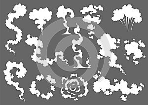 Smoke cloud icons in different forms. Vector special effects of puff and steam clouds, fire blast, smog and fume, dust