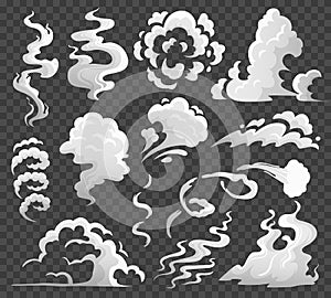 Smoke clouds. Comic steam cloud, fume eddy and vapor flow. Dust clouds isolated cartoon vector illustration photo