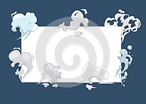 Smoke, clouds, fog and steam cartoon frame, vector illustration. White and grey smoke around white frame for text on