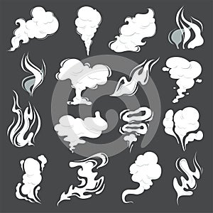 Smoke clouds. Steam puff cigarette or food smell vector abstract illustrations of fume in cartoon style