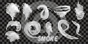 Smoke collection, , transparent background. Set of realistic white smoke steam, waves from coffee,tea,cigarettes,