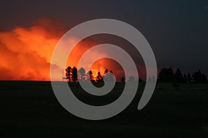 Smoke column from wildfire ant night