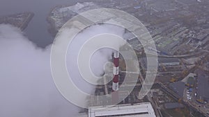 Smoke comes from the chimney. Aerial. Air pollution. Ecology. Kyiv. Ukraine.