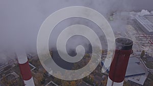 Smoke comes from the chimney. Aerial. Air pollution. Ecology. Kyiv. Ukraine.