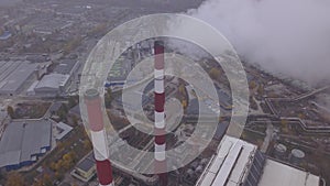 Smoke comes from the chimney. Aerial. Air pollution. Ecology. Kyiv. Ukraine.