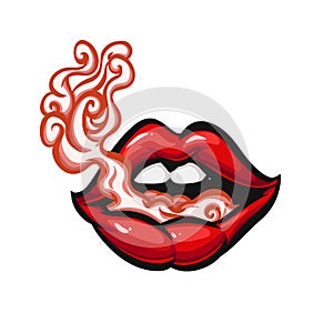 Smoke coming from mouth. Woman with bright red lips