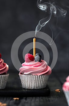 Smoke coming out of the candle that is in pink frosted cupcake