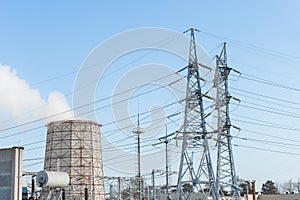 Smoke cooling tower pollution of the surrounding air environment of the atmosphere from the industrial plant and power lines high