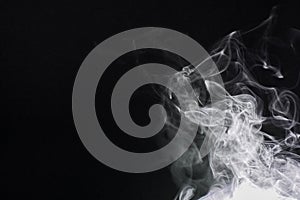 Smoke, dark background and mist, fog or gas on mockup space wallpaper. Cloud, smog and magic effect on black backdrop of