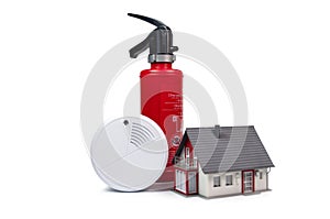 Smoke Detector with a house and an extinguisher