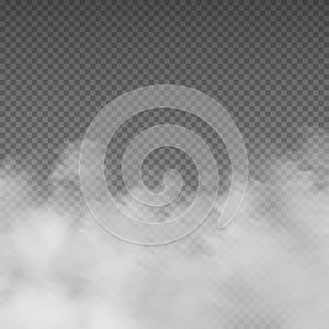 Smoke effect. Realistic white mist. Rising steam or gas on transparent background. Mysterious smog. Cloud of powder and