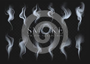 Smoke elements set. Tea, coffee steam, hot food, cup or cigarette fog, mist and vapor effect on mug, hookah curled