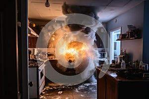 Smoke and fire during an accident in a kitchen created with generative AI technology