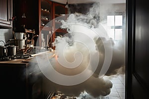 Smoke and fire during an accident in a kitchen created with generative AI technology