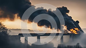 smoke from a fire A burning train on fire, exploding, that crosses an exploding bridge being blown up, over a river