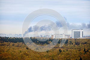 Smoke from a fire over the roofs of city buildings, top view