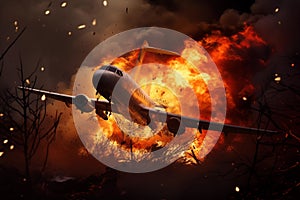 Smoke and flames rising from downed airplane. Generative AI