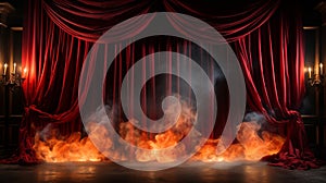 Smoke and Flames on a Theatre Stage with Red Velvet Curtains On Fire. Generative AI