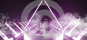 Smoke Fog Alien Sci Fi Futuristic Spaceship Circle Glowing Triangle Neon Laser Lights White Purple Violet Reflecting On Concrete