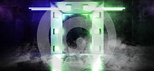 Smoke Fog Futuristic Sci Fi Blue Green Pantone Glowing Laser Neon Beams Virtual Graphic Cyber Garage Stage Studio Underground