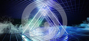 Smoke Fog Futuristic Sci Fi Dark Club Dance Triangle Shaped Neon Lights Glowing Blue Gradient In Empty Reflective Mesh Grid Metal