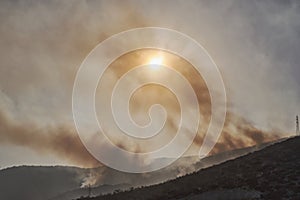 Smoke of a forest fire obscures the sun