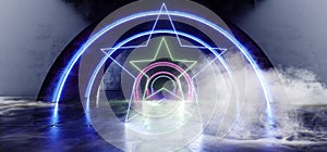 Smoke Futuristic Oval Circle Neon Glowing Purple Blue Stars Shaped Laser Beam Lights On Concrete Grunge Floor Reflective Tunnel