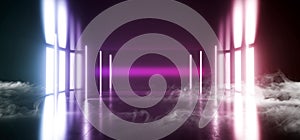 Smoke Futuristic  Sci Fi Laser Neon Shapes Glowing Light Vibrant Purple Blue Stage NIght Club Background Grunge Concrete Dark