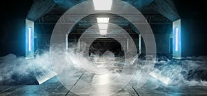 Smoke Futuristic Spaceship Neon Fluorescent Luminous Luxurious Led Laser Blue Lights Glowing Dark Grunge Concrete Tunnel Corridor