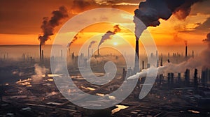 Smoke from a heating station in a big city during the winter season at sunset. Smoke stack pipes emitting carbon dioxide from a